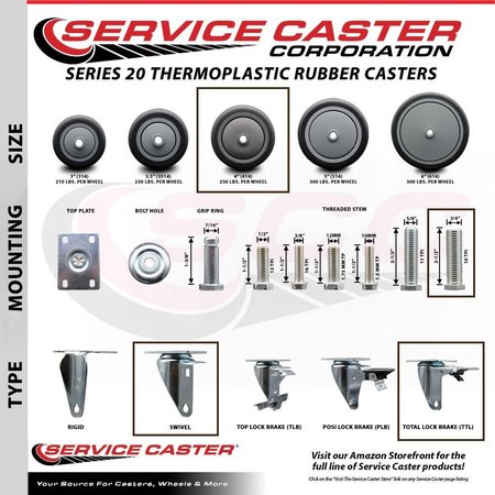 Service Caster 4 Inch Thermoplastic  Rubber Swivel 34 Inch Threaded Stem Caster Set 2 Total Lock Brakes SCC-TSTTL20S414-TPRB-34212-2-S-2